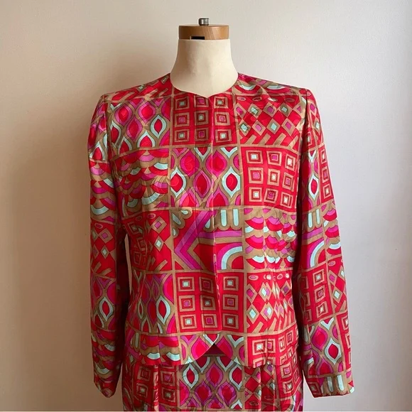 Vintage Anne Crimmins UMI Collection 100% Silk Geometric Skirt Set Suit Jacket 8 - Picture 4 of 15